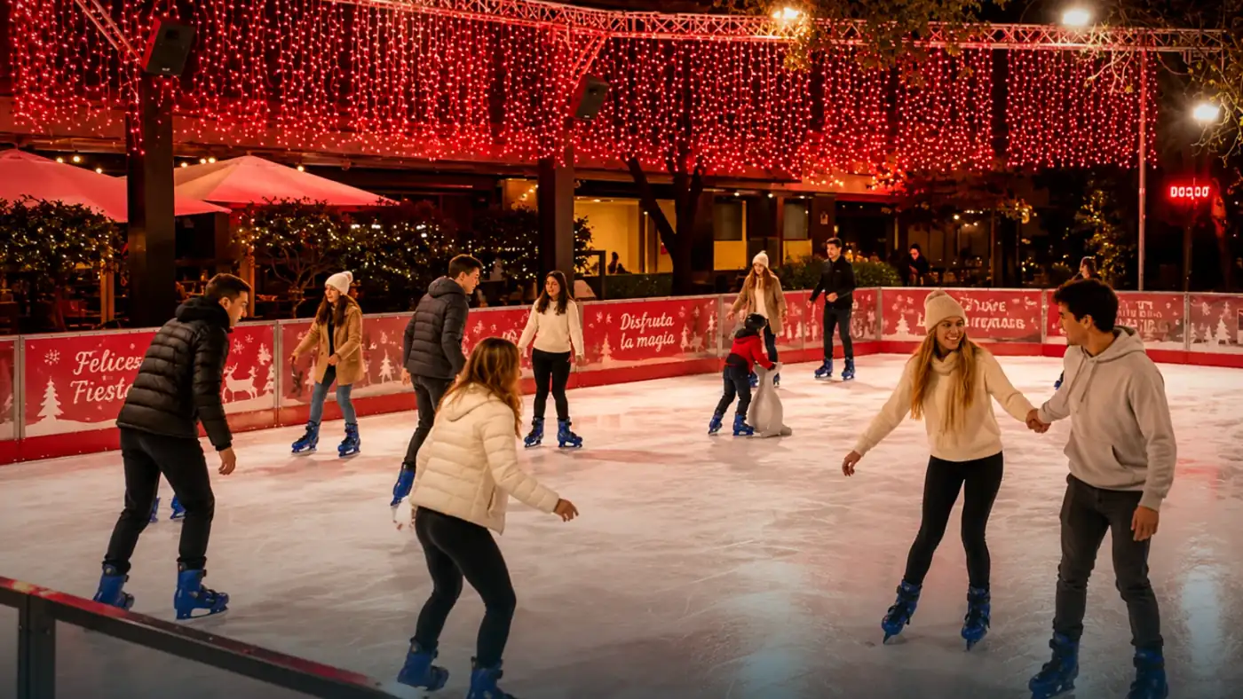 Pista de hielo sintético de 120 m² instalada en una plaza