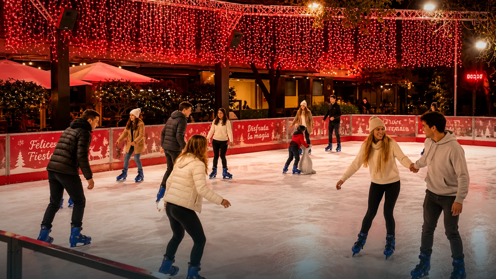 Pista de hielo sintético de 120 m² instalada en una plaza