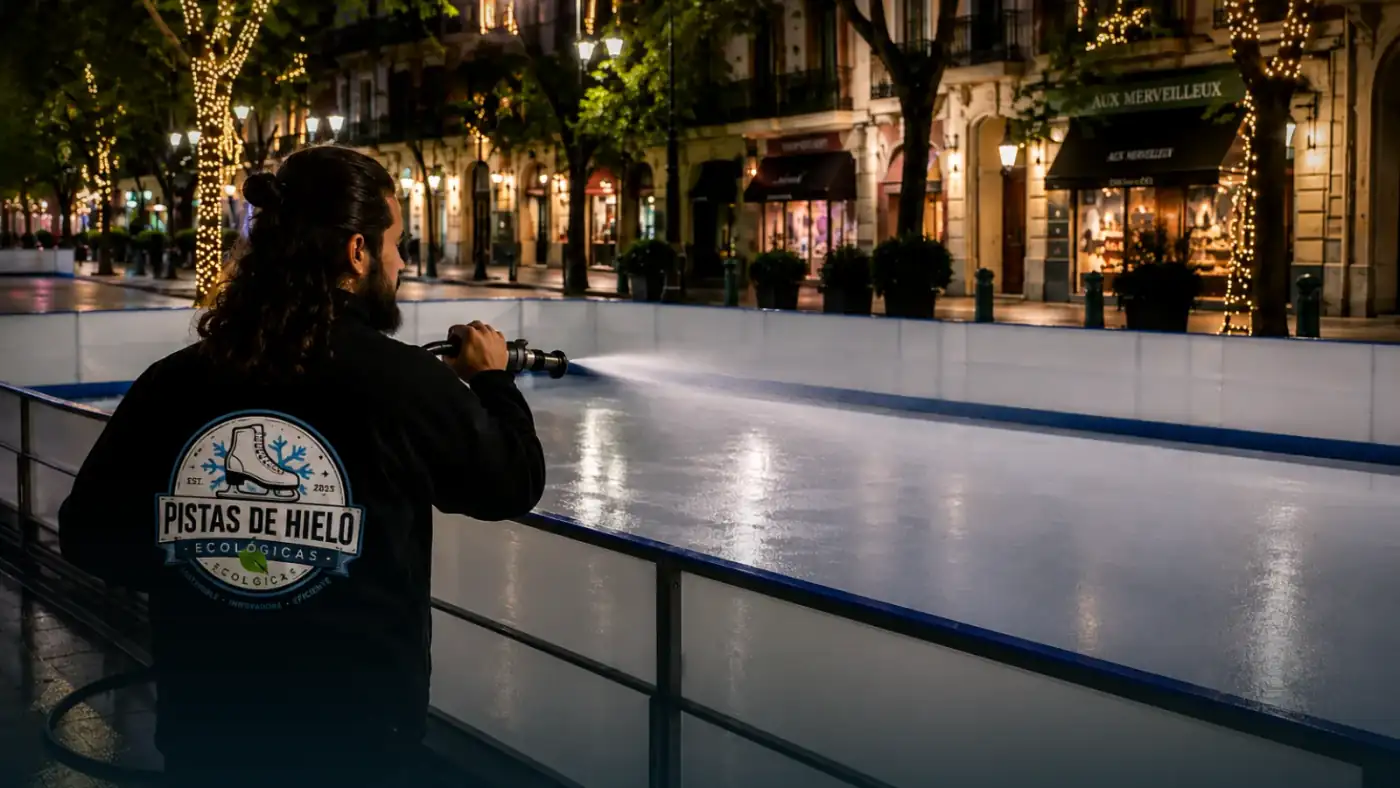 Pista de hielo de Navidad en pleno centro urbano, rodeada de comercios