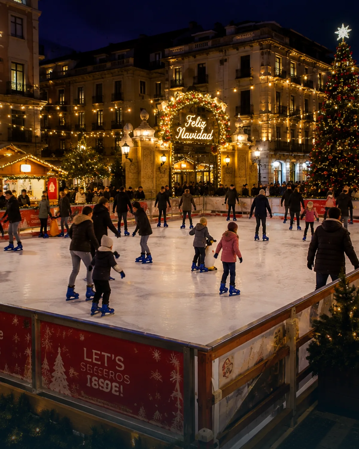 Pista de hielo sintético con familias patinando en una campaña de Navidad